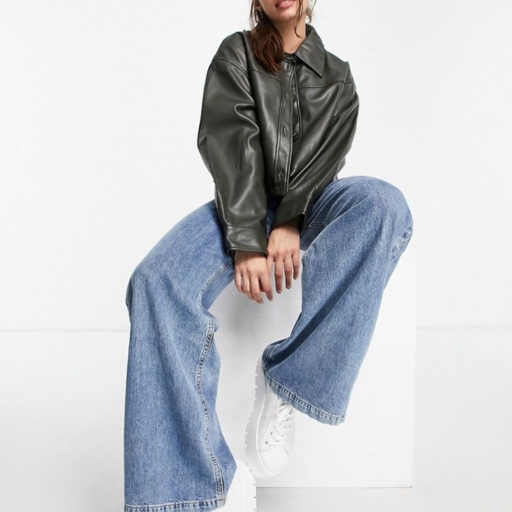 ASOS DESIGN CROPPED FAUX LEATHER JACKET IN KHAKI